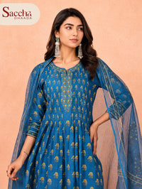 Cotton Gud Mughal Buti Kurta Set In Classic Blue