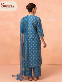 Cotton Gud Mughal Buti Kurta Set In Classic Blue