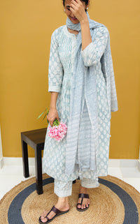 Cotton Handblock Print Kurta Set in refreshing shades of aqua grey