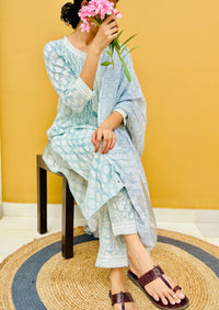 Cotton Handblock Print Kurta Set in refreshing shades of aqua grey