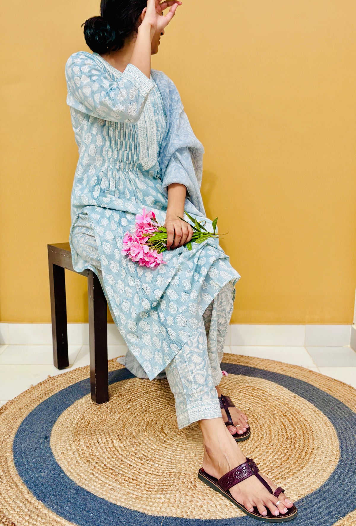 Cotton Handblock Print Kurta Set in refreshing shades of aqua grey