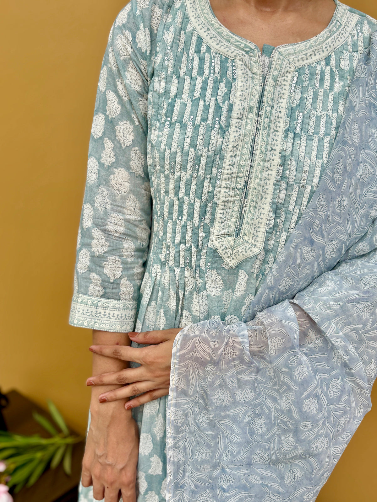 Cotton Handblock Print Kurta Set in refreshing shades of aqua grey