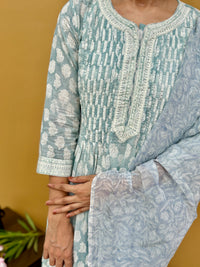 Cotton Handblock Print Kurta Set in refreshing shades of aqua grey
