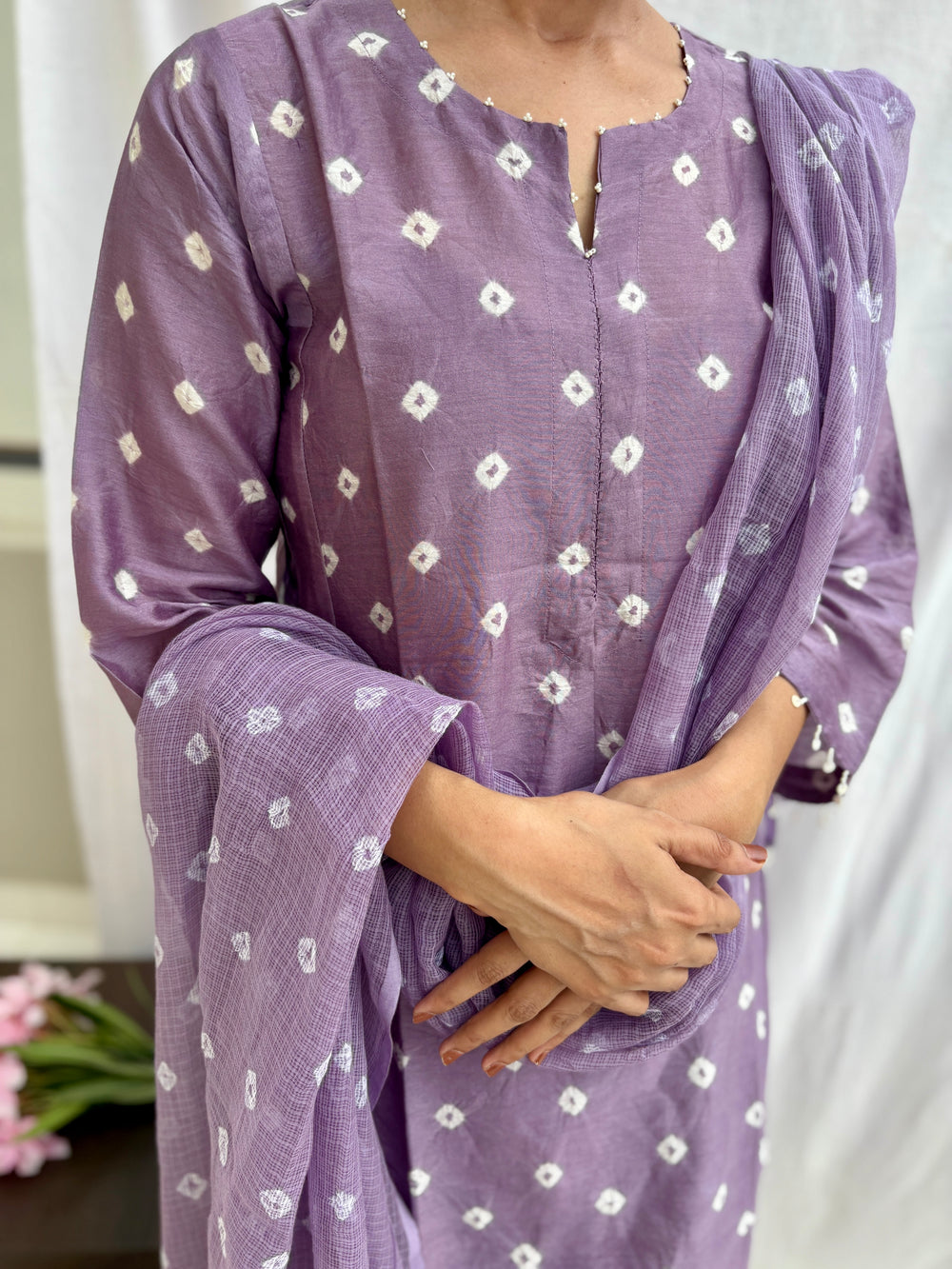 chanderi silk Bandhani  kurta set in shades of purple haze