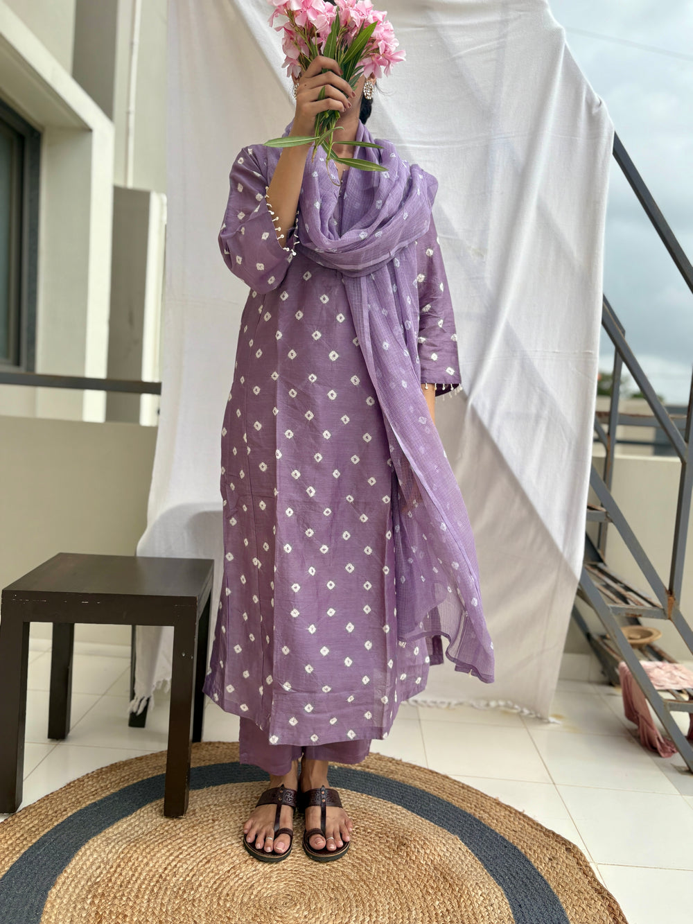 chanderi silk Bandhani  kurta set in shades of purple haze