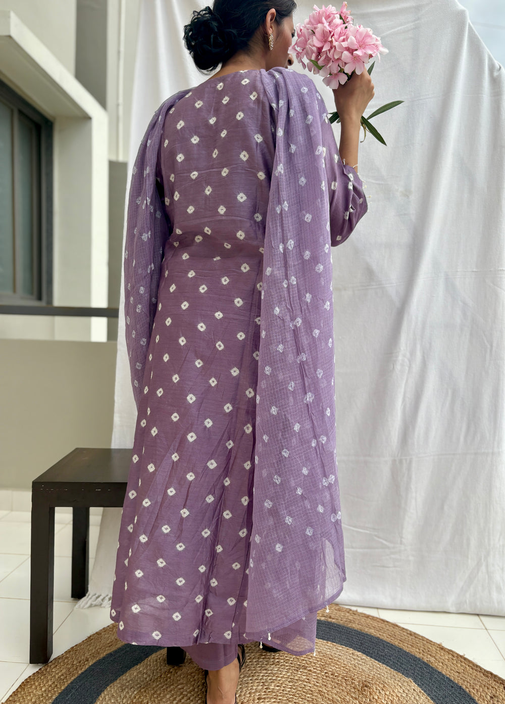 chanderi silk Bandhani  kurta set in shades of purple haze