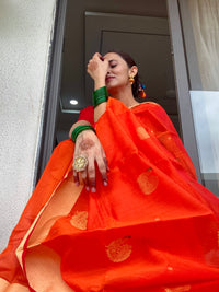 Handloom Chanderi cotton silk Saree Orange