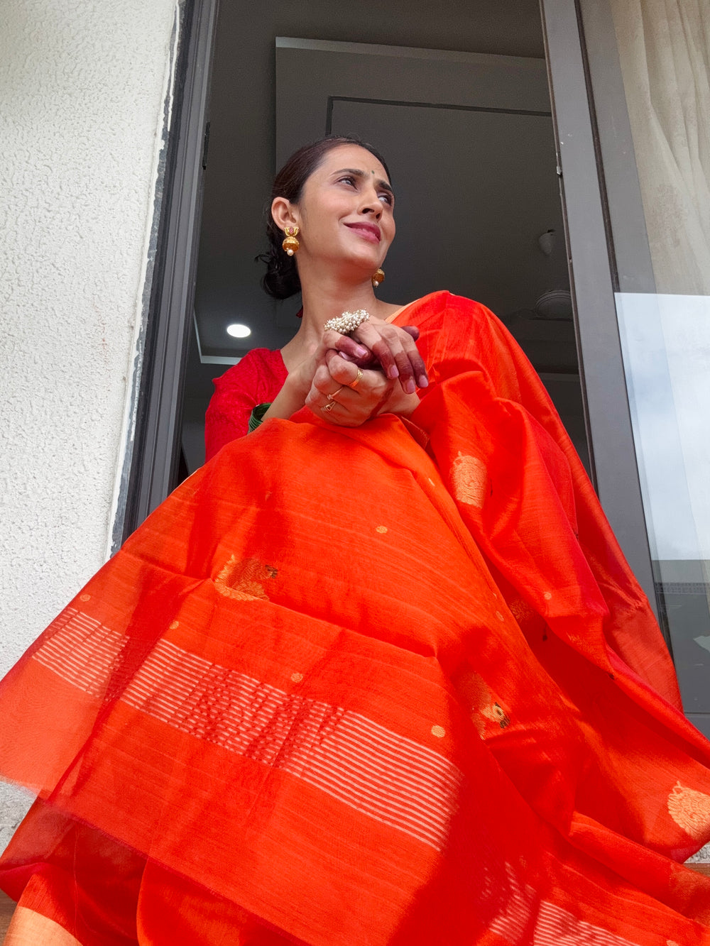 Handloom Chanderi cotton silk Saree Orange