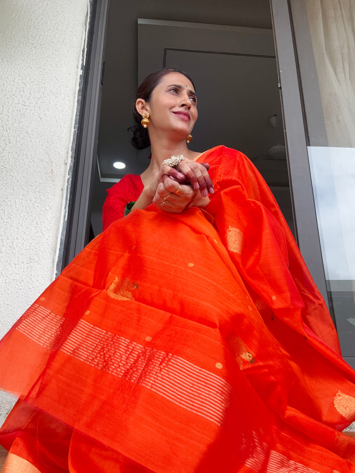 Handloom Chanderi cotton silk Saree Orange