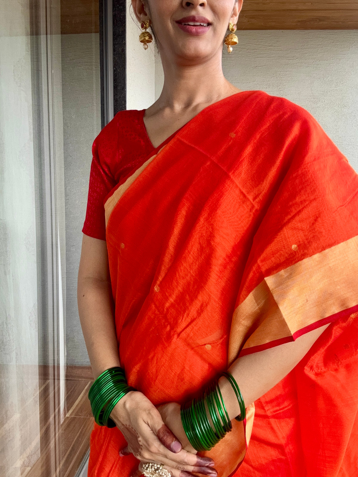 Handloom Chanderi cotton silk Saree Orange