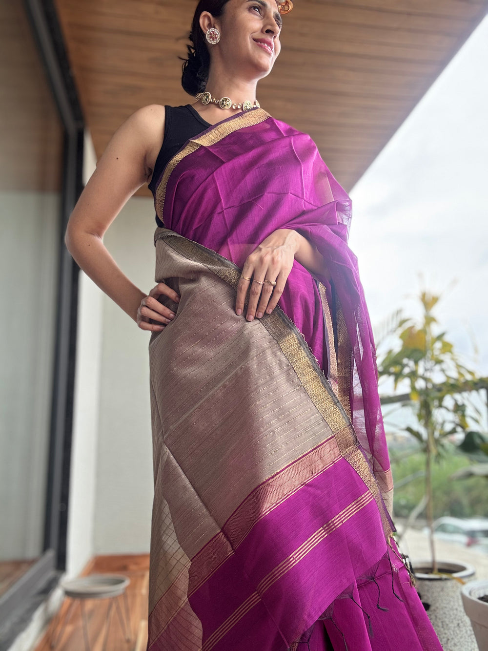 Handloom Maheshwari plain cotton silk saree with Gicha pallu  magenta purple