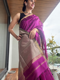 Handloom Maheshwari plain cotton silk saree with Gicha pallu  magenta purple
