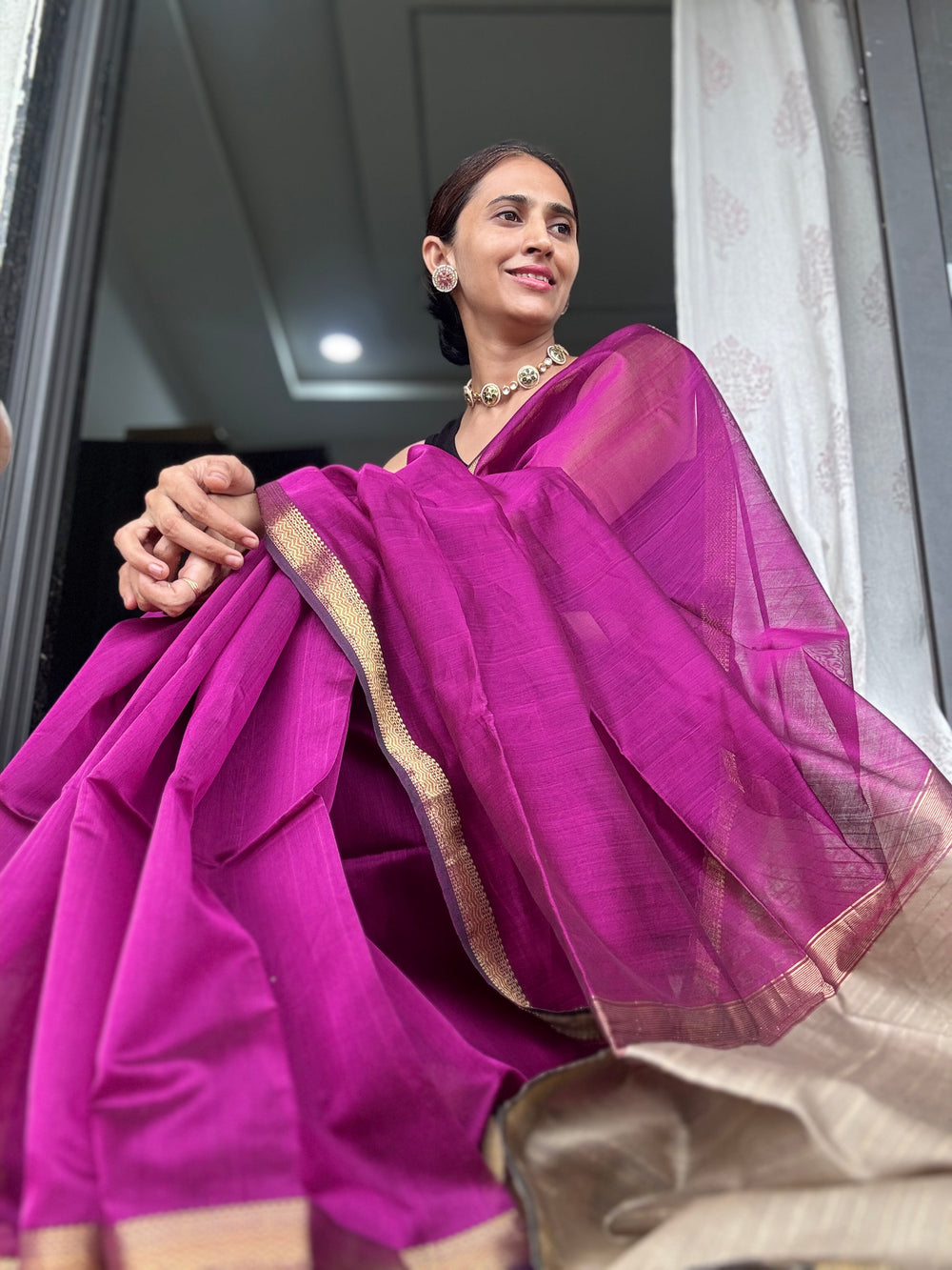 Handloom Maheshwari plain cotton silk saree with Gicha pallu  magenta purple