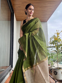 Handloom Maheshwari plain cotton silk saree with Gicha pallu Mhendi green