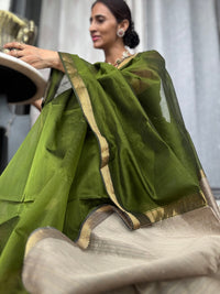 Handloom Maheshwari plain cotton silk saree with Gicha pallu Mhendi green