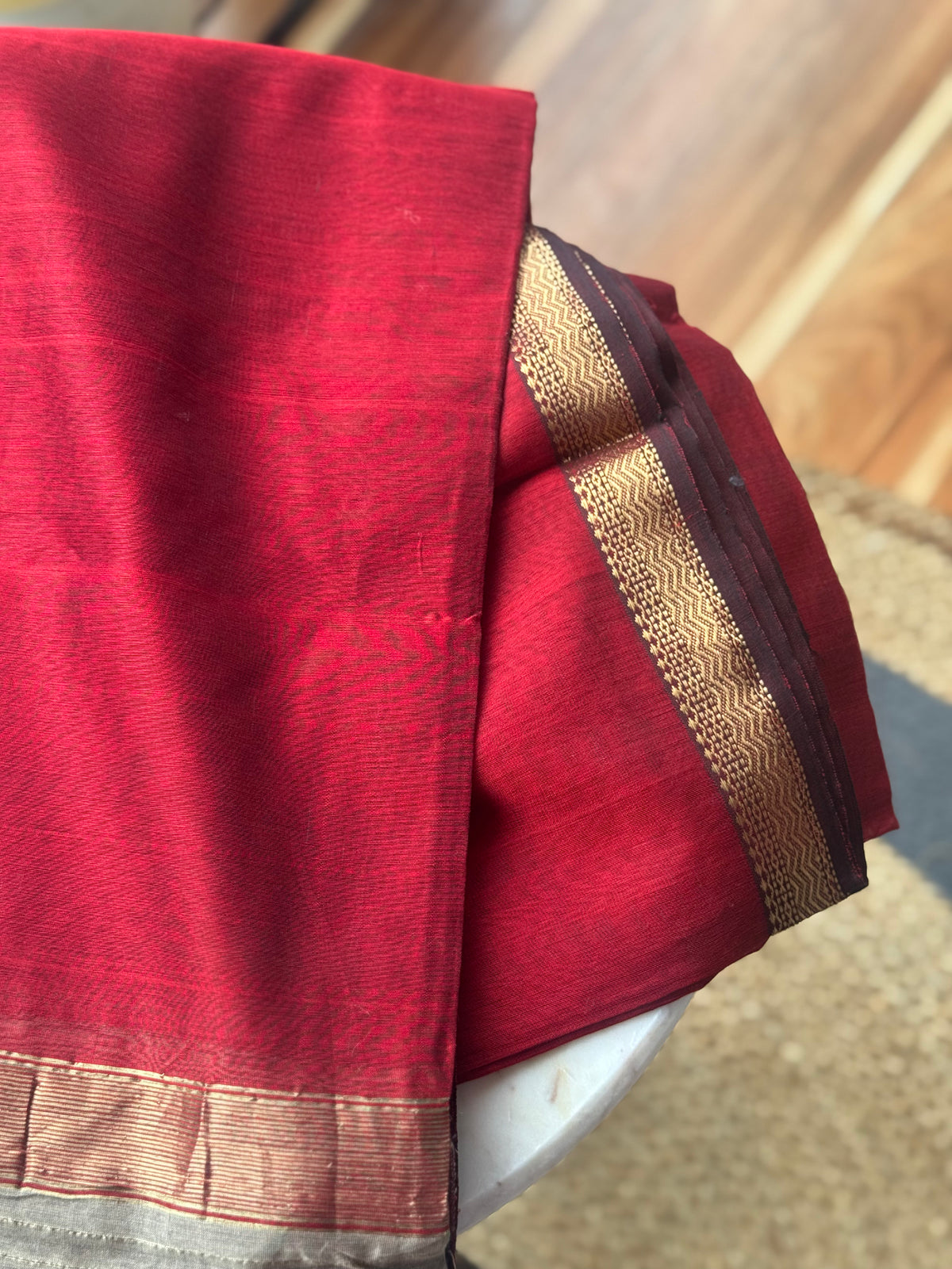 Handloom Maheshwari plain cotton silk saree with Gicha pallu deep red