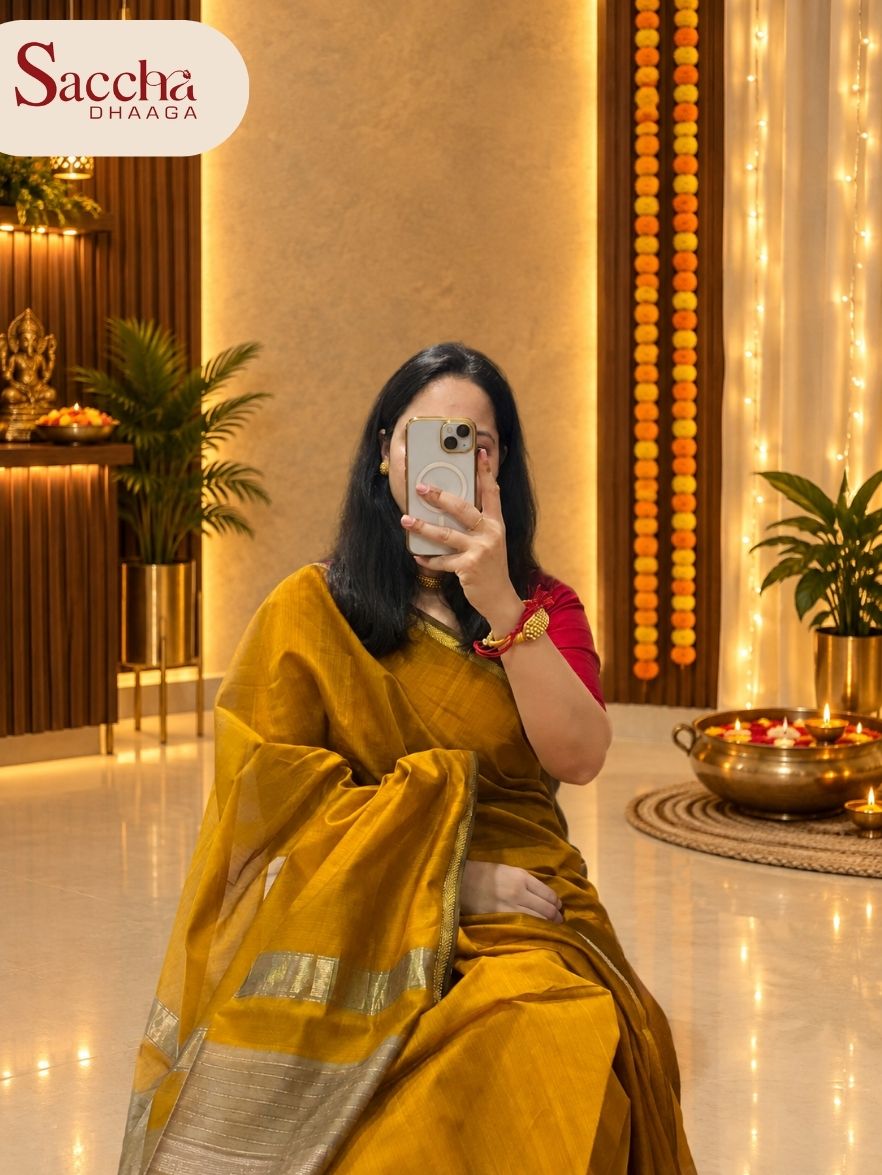 Handloom Maheshwari plain cotton silk saree with Gicha pallu mustard yellow shade