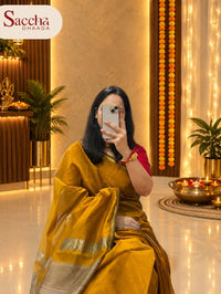 Handloom Maheshwari plain cotton silk saree with Gicha pallu mustard yellow shade