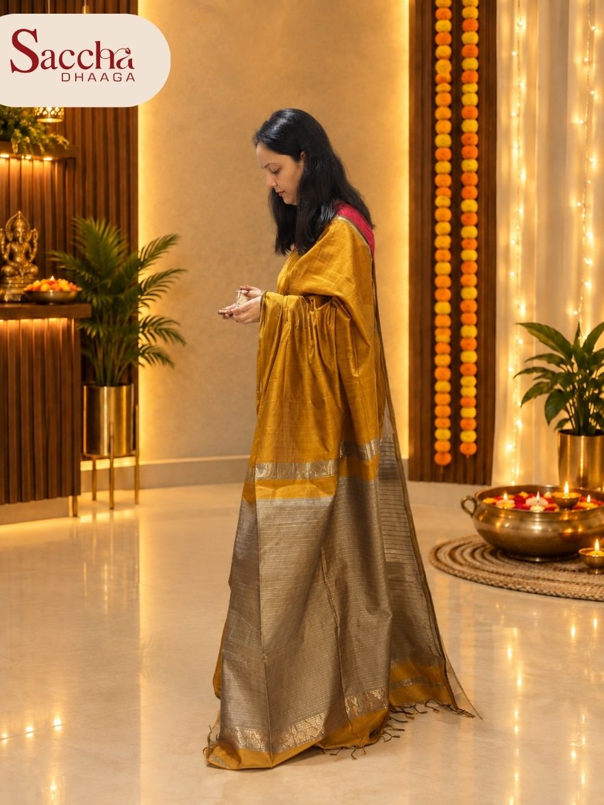 Handloom Maheshwari plain cotton silk saree with Gicha pallu mustard yellow shade