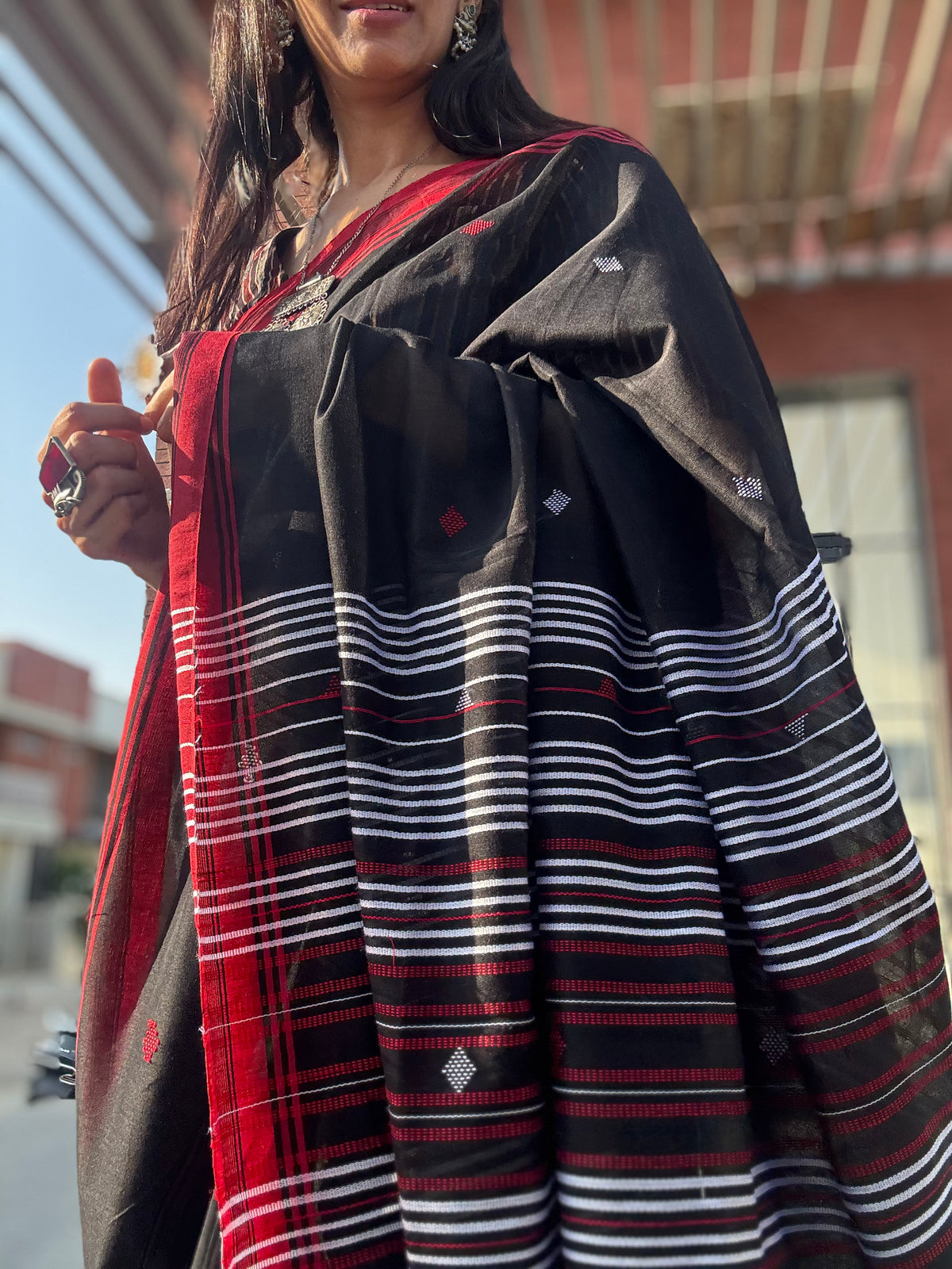 Cotton Bhujodi Saree Black Red