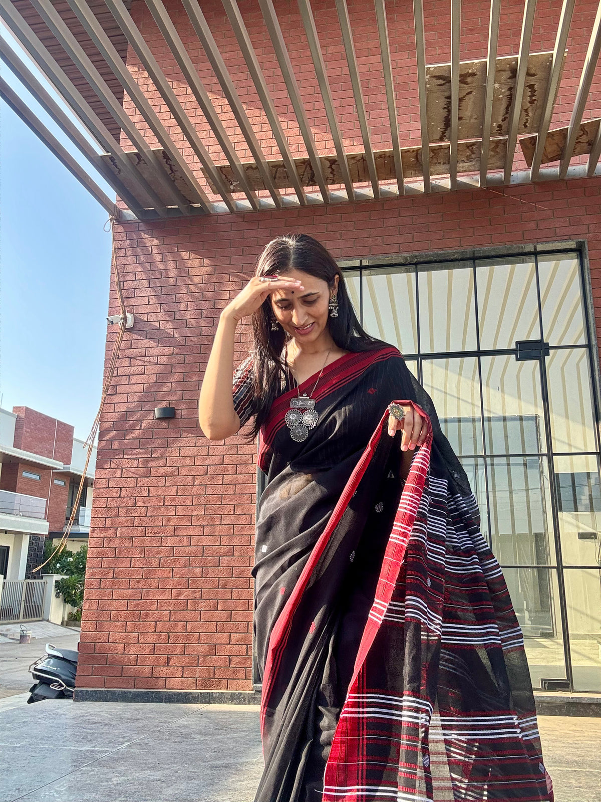 Cotton Bhujodi Saree Black Red