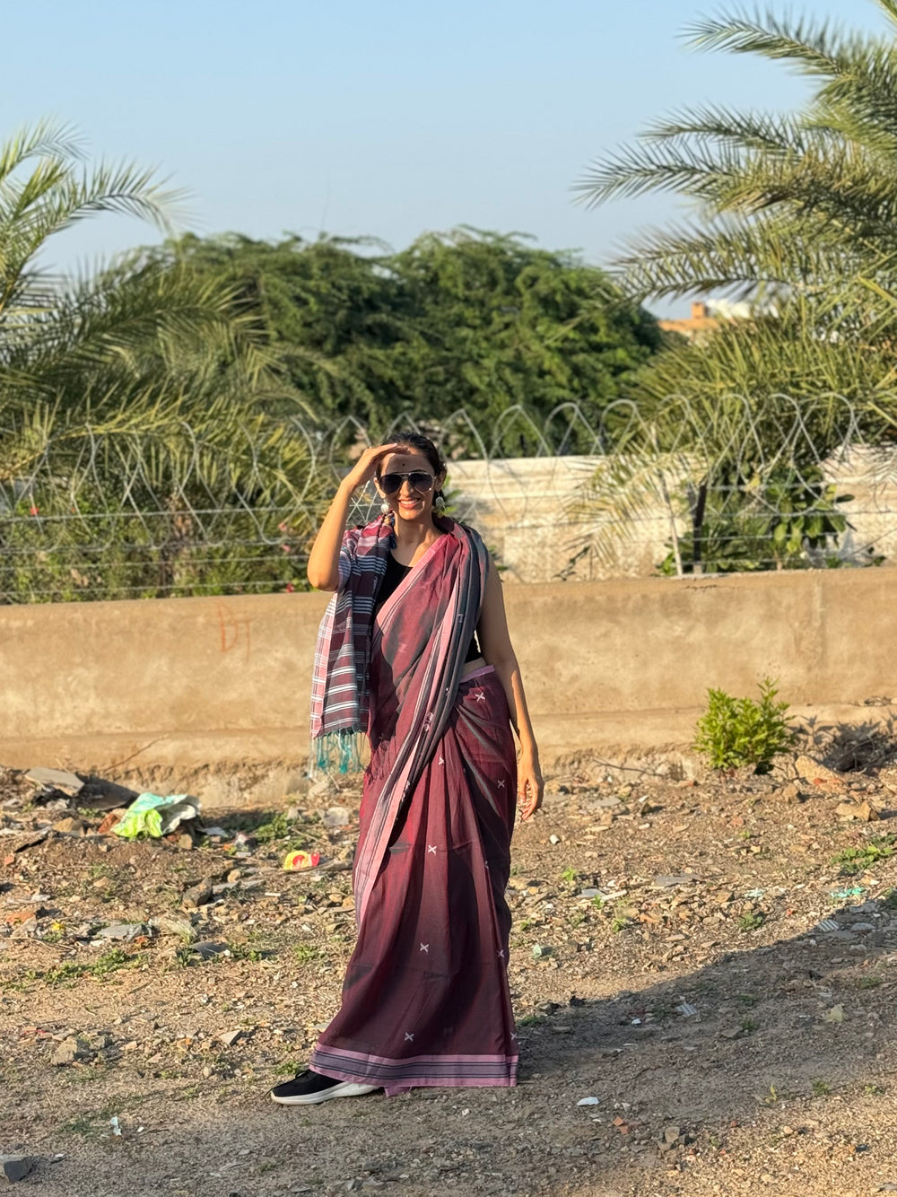 Cotton Bhujodi Saree Magenta