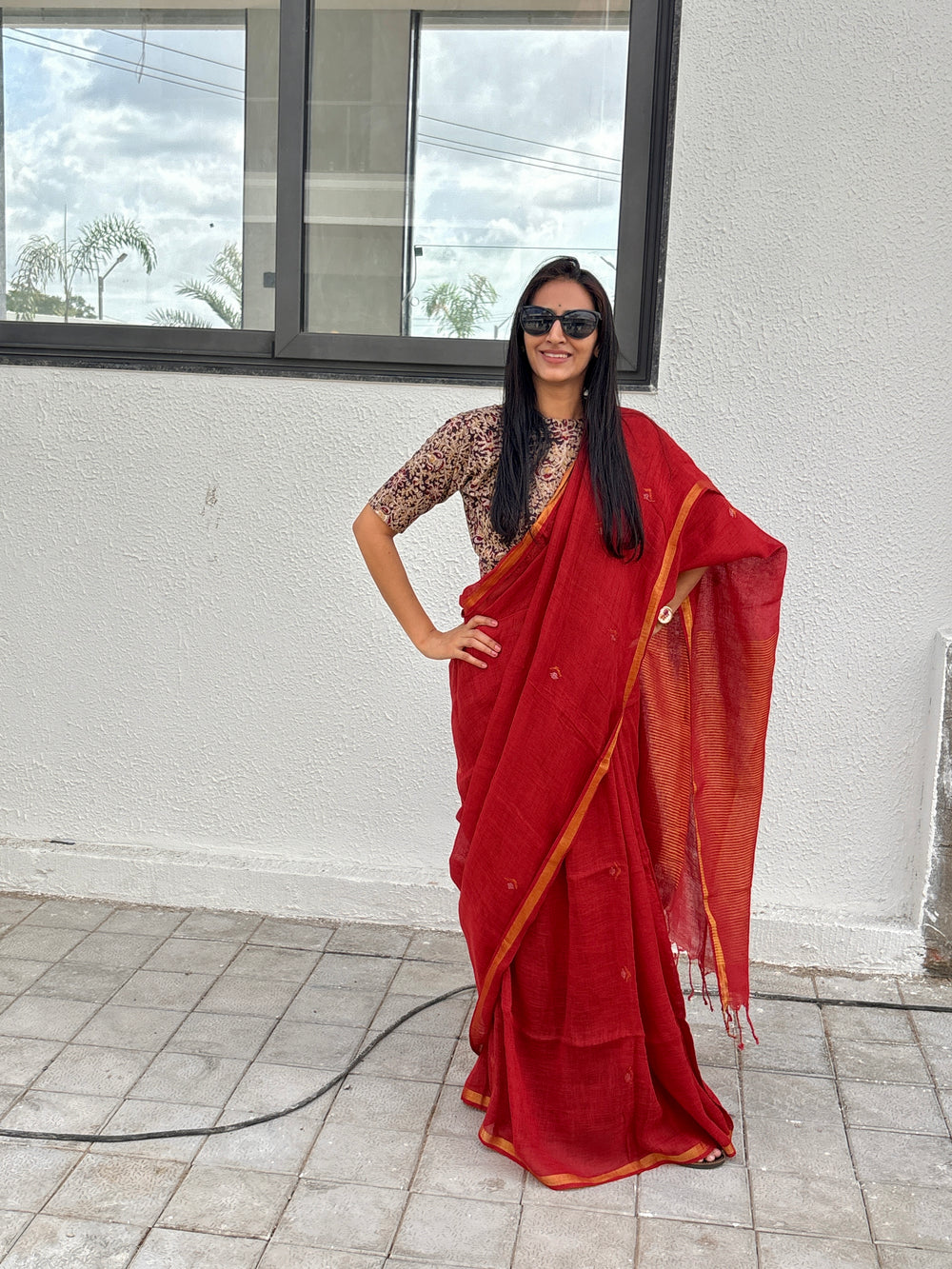 Linen Saree Red