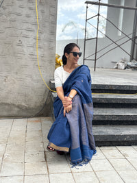 Linen Saree Blue White