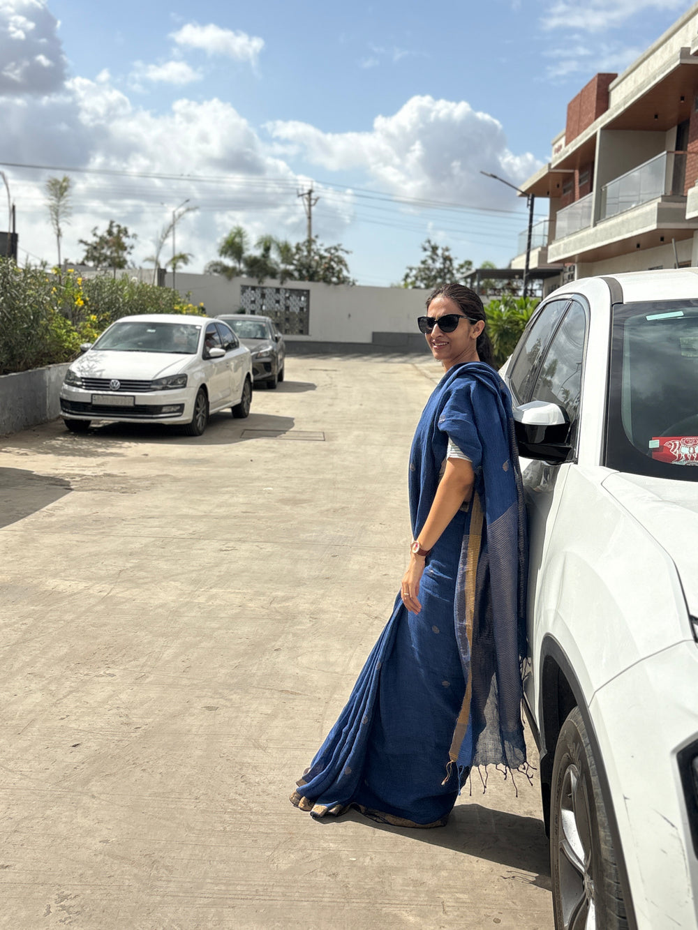 Linen Saree Blue White