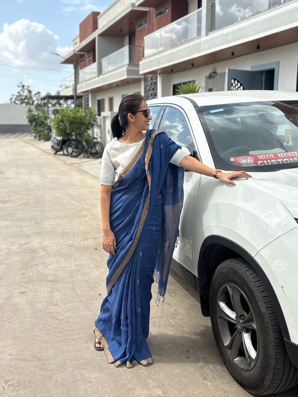 Linen Saree Blue White