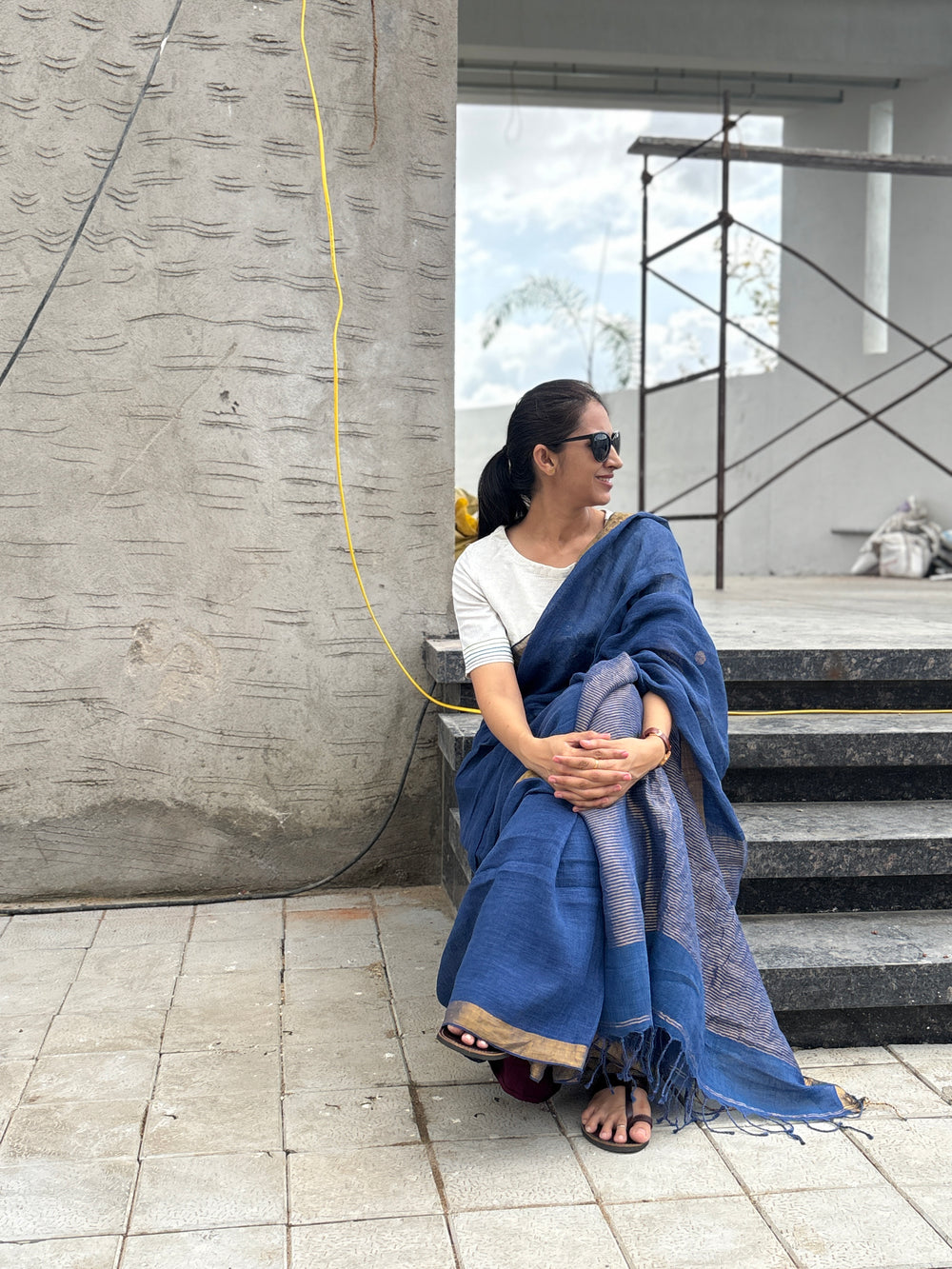 Linen Saree Blue White