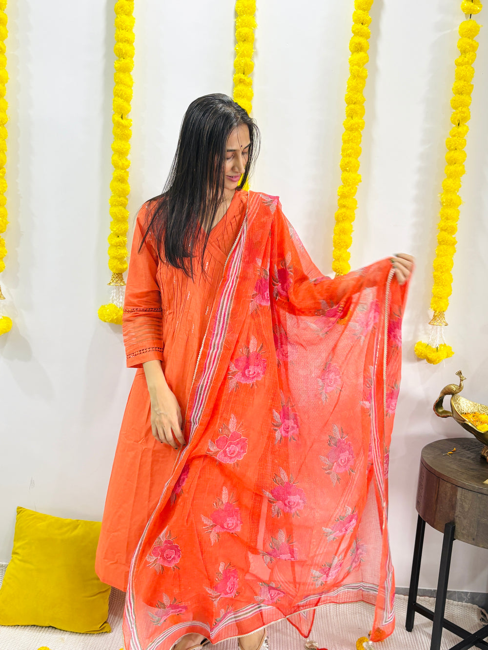 cotton slub plain dye angrakha kurta set in shades of orange
