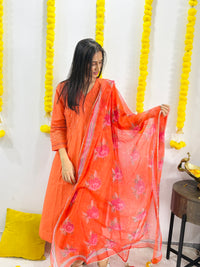 cotton slub plain dye angrakha kurta set in shades of orange