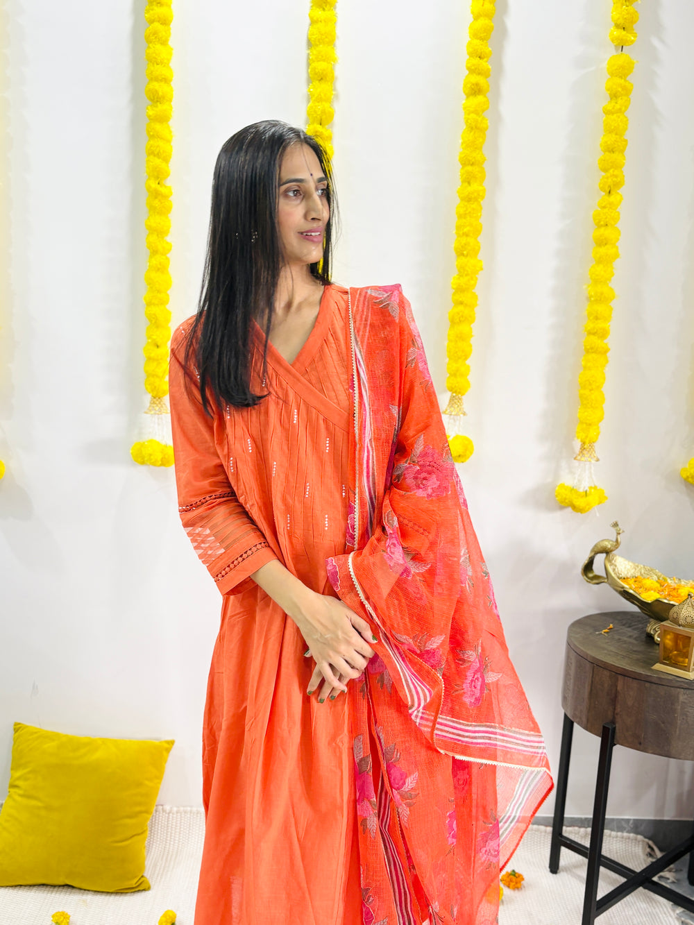 cotton slub plain dye angrakha kurta set in shades of orange