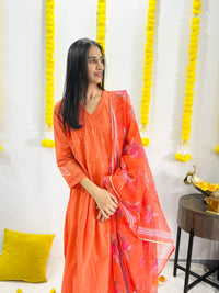 cotton slub plain dye angrakha kurta set in shades of orange