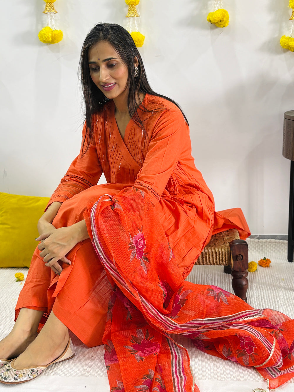 cotton slub plain dye angrakha kurta set in shades of orange