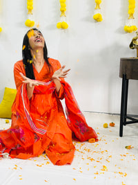 cotton slub plain dye angrakha kurta set in shades of orange