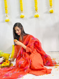 cotton slub plain dye angrakha kurta set in shades of orange