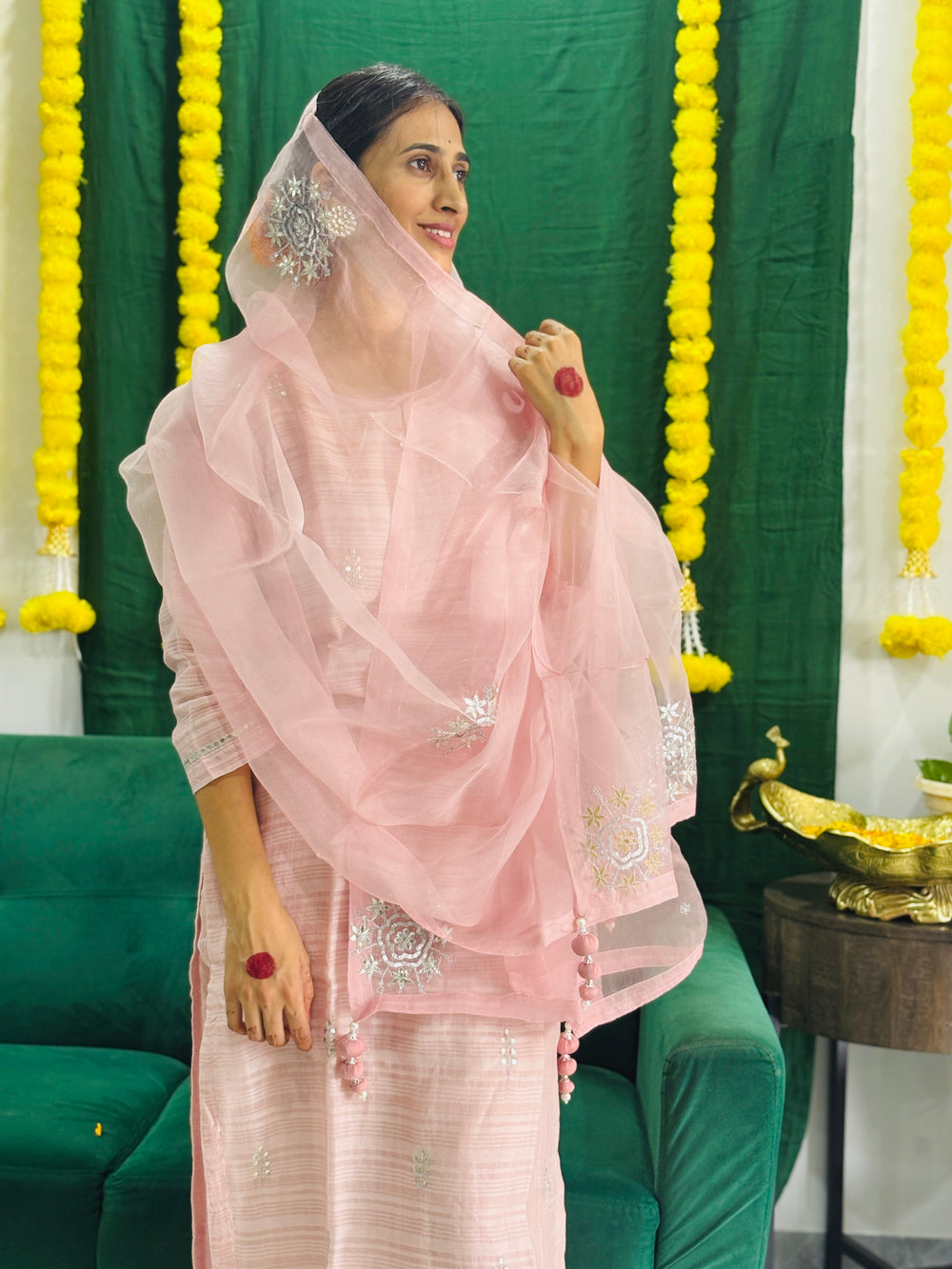 Chanderi silk gotta patti kurta set in shades of cameo pink