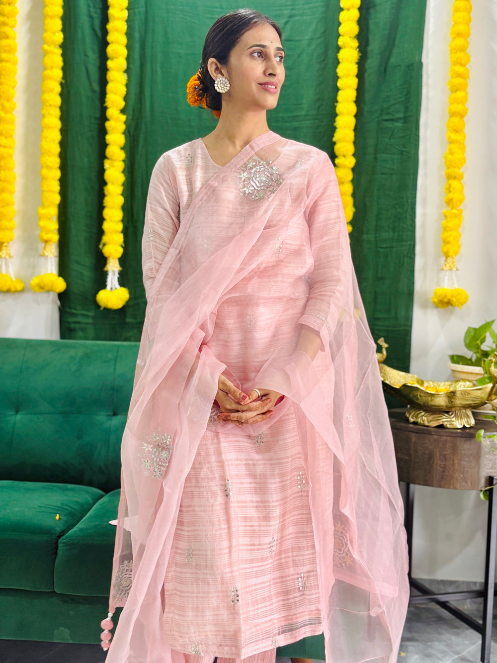Chanderi silk gotta patti kurta set in shades of cameo pink