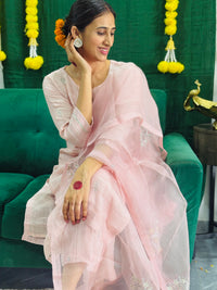 Chanderi silk gotta patti kurta set in shades of cameo pink