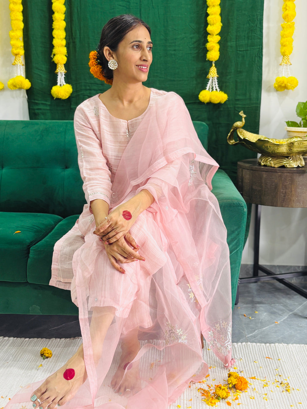 Chanderi silk gotta patti kurta set in shades of cameo pink
