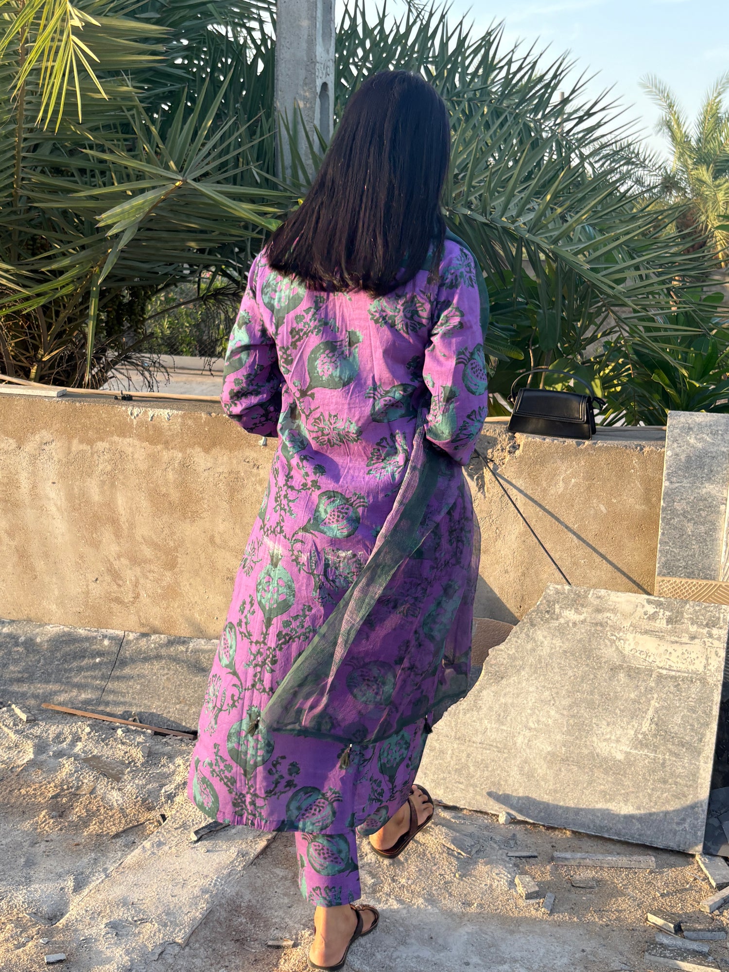 Cotton slub Anar Jaal kurta set in shades of purple & green💜💚