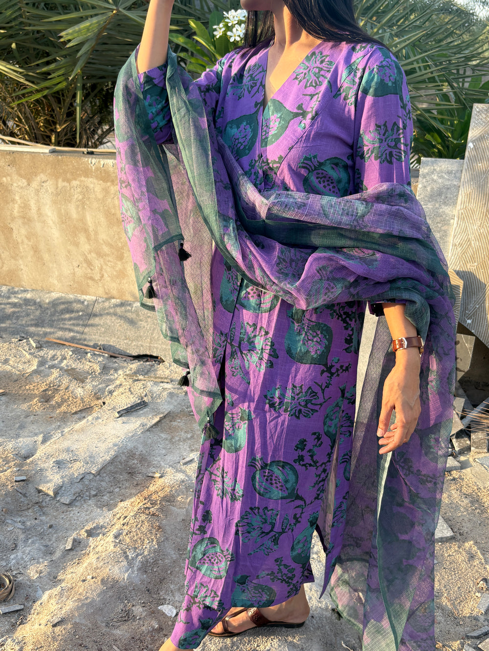 Cotton slub Anar Jaal kurta set in shades of purple & green💜💚