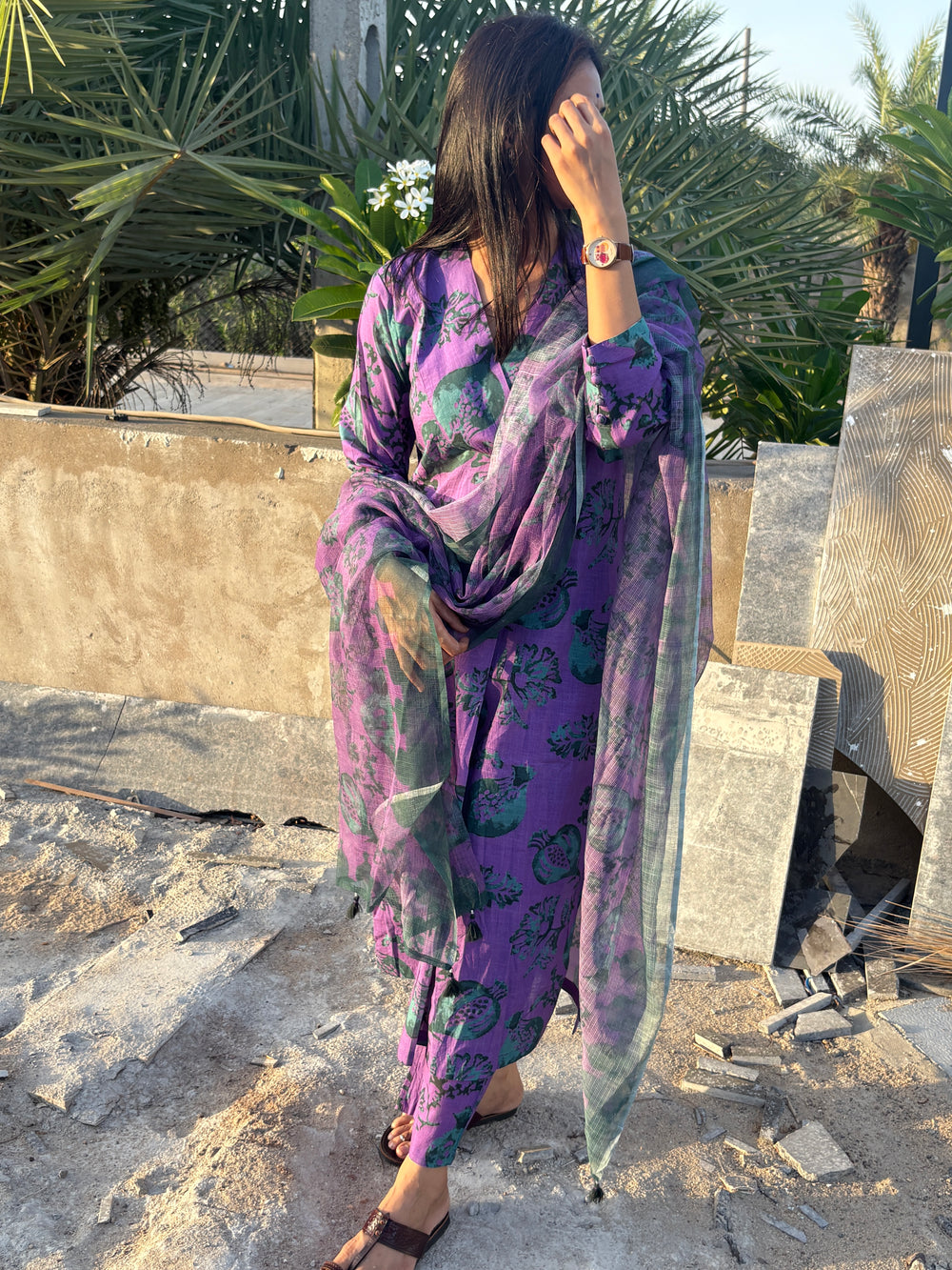 Cotton slub Anar Jaal kurta set in shades of purple & green💜💚