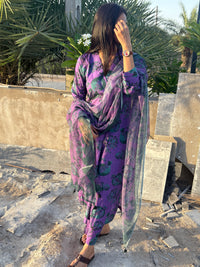 Cotton slub Anar Jaal kurta set in shades of purple & green💜💚