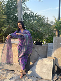 Cotton slub Anar Jaal kurta set in shades of purple & green💜💚
