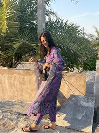 Cotton slub Anar Jaal kurta set in shades of purple & green💜💚