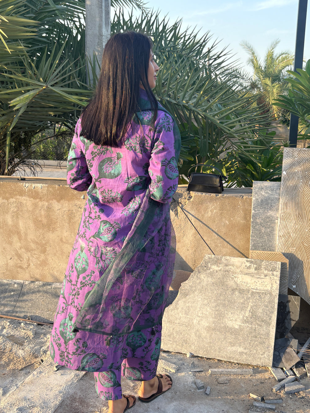Cotton slub Anar Jaal kurta set in shades of purple & green💜💚