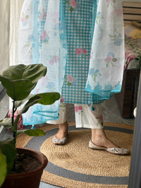 Turquoise blue cotton gingham checks printed kurta set